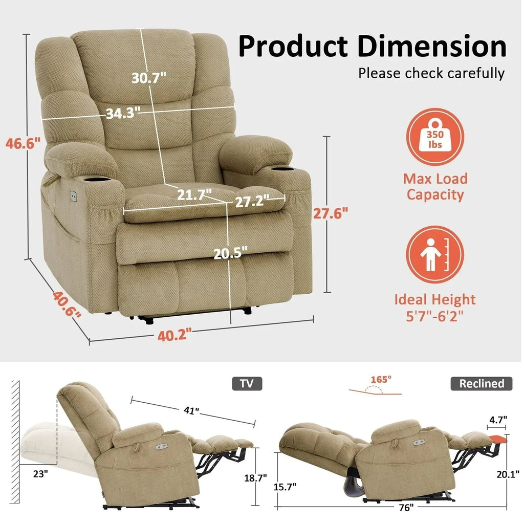 MCombo breiter Dual-Motor-Aufstehsessel mit Massage- und zweifacher Heizfunktion für große und kräftige Senioren, Stoff R7635