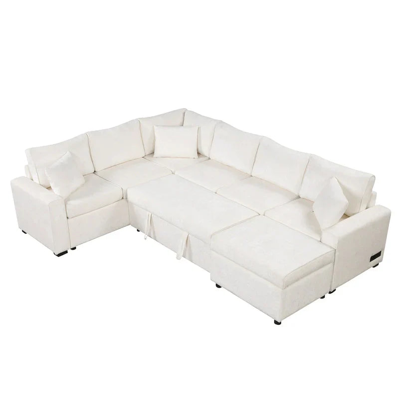 Divano componibile in ciniglia trasformabile in divano letto estraibile, divano letto ad angolo a L con pouf contenitore, 3 cuscini e dispositivi di ricarica