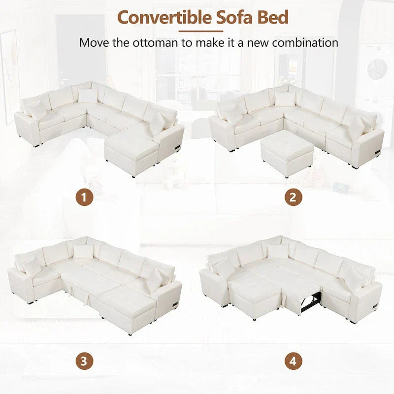 Divano componibile in ciniglia trasformabile in divano letto estraibile, divano letto ad angolo a L con pouf contenitore, 3 cuscini e dispositivi di ricarica