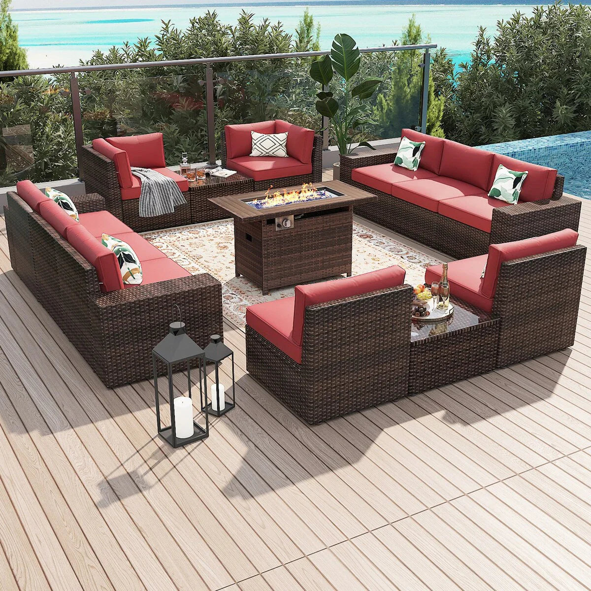 Set di mobili da patio da 13 pezzi con tavolo per braciere 44Fire