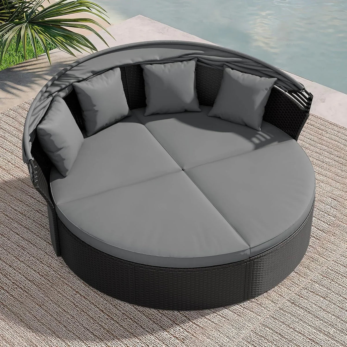 Nuon 4-/5-teiliges Outdoor-Lounge-Set für die Terrasse, Rattan-Tagesbett-Set mit Baldachin von Havenside Home