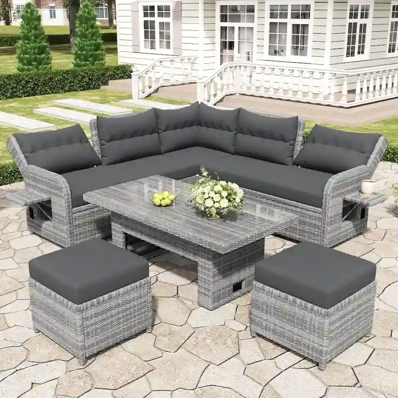 Set di mobili da esterno in rattan con tavolo regolabile, poltrone reclinabili e 2 pouf