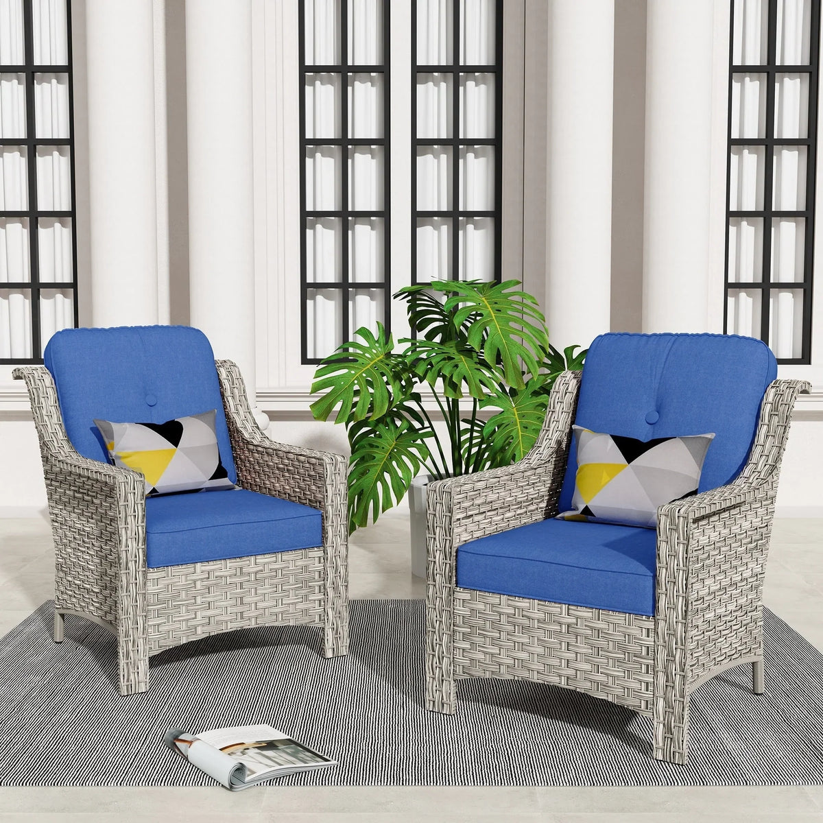 HOOOWOOO Set di 2 sedie da esterno per patio in vimini e rattan con schienale alto