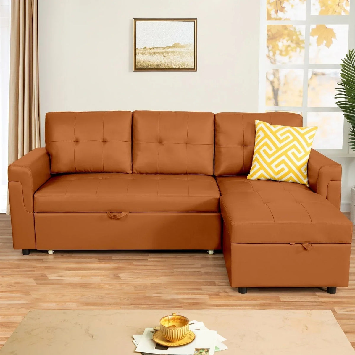 Umwandelbares, beidseitig montierbares Ecksofa mit ausziehbarem Schlafbett, verstecktem Stauraum in der Recamiere und robusten Beinen