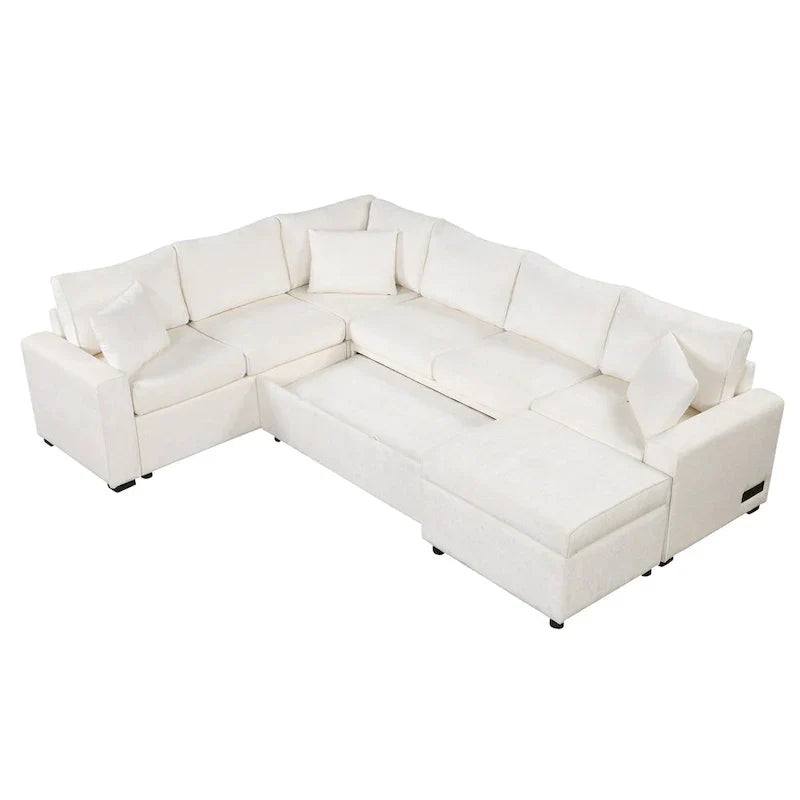 Divano componibile in ciniglia trasformabile in divano letto estraibile, divano letto ad angolo a L con pouf contenitore, 3 cuscini e dispositivi di ricarica