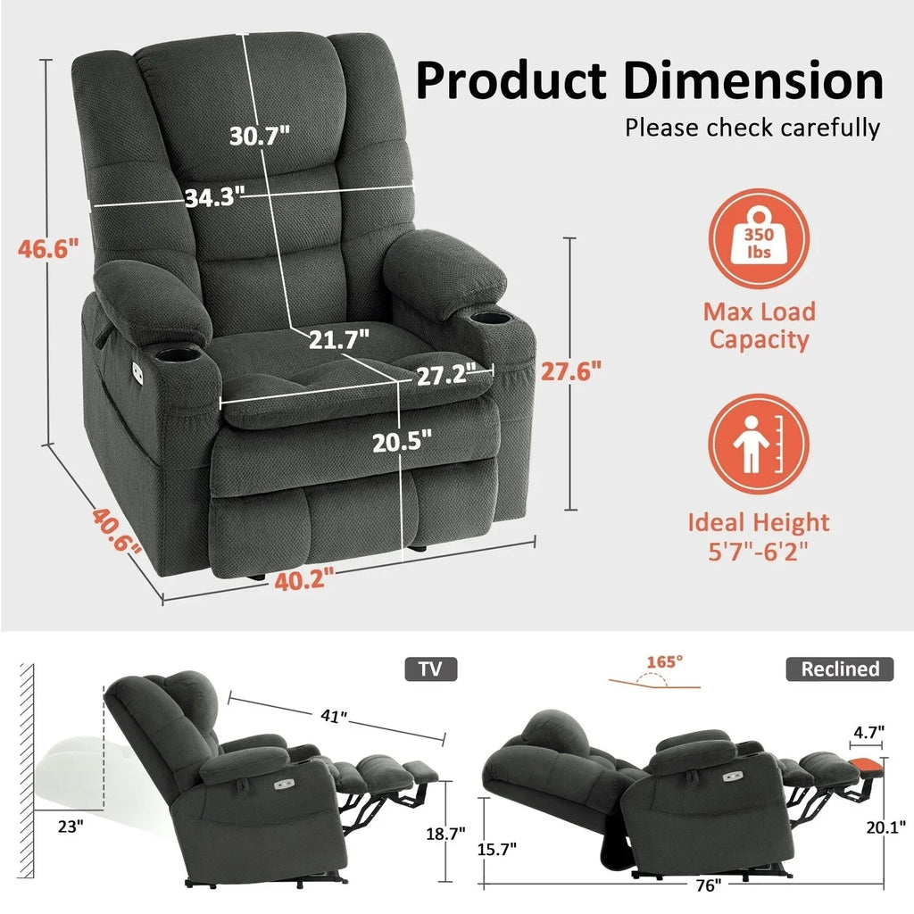 MCombo breiter Dual-Motor-Aufstehsessel mit Massage- und zweifacher Heizfunktion für große und kräftige Senioren, Stoff R7635