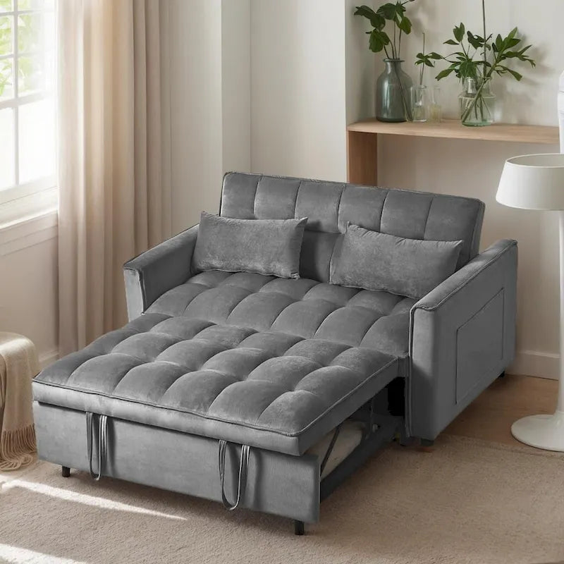 Divanetto futon moderno in velluto con schienale reclinabile e tasche, per 2 persone ??Grigio scuro / Grigio chiaro / Blu / Nero
