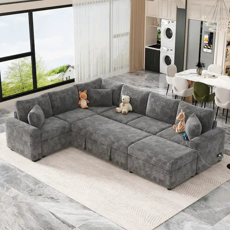 Divano componibile in ciniglia trasformabile in divano letto estraibile, divano letto ad angolo a L con pouf contenitore, 3 cuscini e dispositivi di ricarica