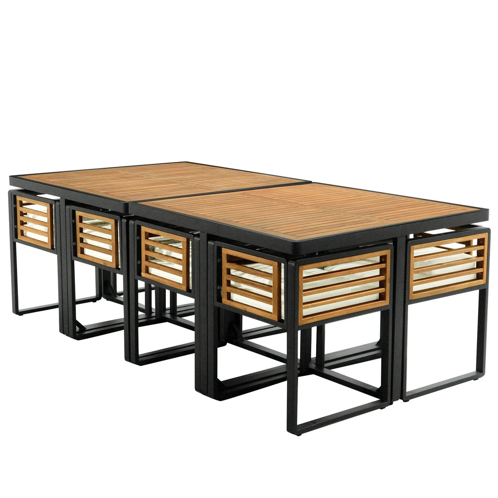 Set da pranzo da esterno in legno di acacia da 18 pezzi, 8 sedie imbottite, 8 pouf e 2 tavoli quadrati