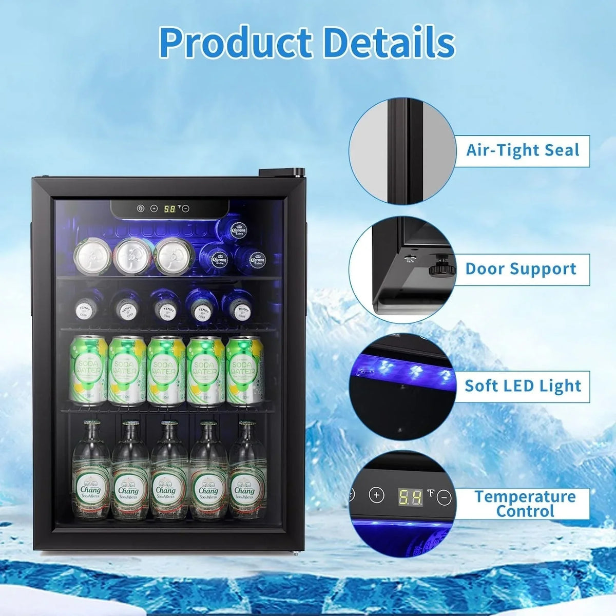 Mini-Kühlschrank für 100 Dosen, Getränkekühlschrank und Weinkühler mit transparenter Glastür und Touchscreen – 2,6 cu. ft.