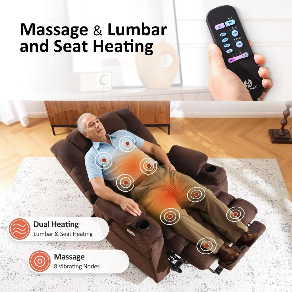 MCombo breiter Dual-Motor-Aufstehsessel mit Massage- und zweifacher Heizfunktion für große und kräftige Senioren, Stoff R7635