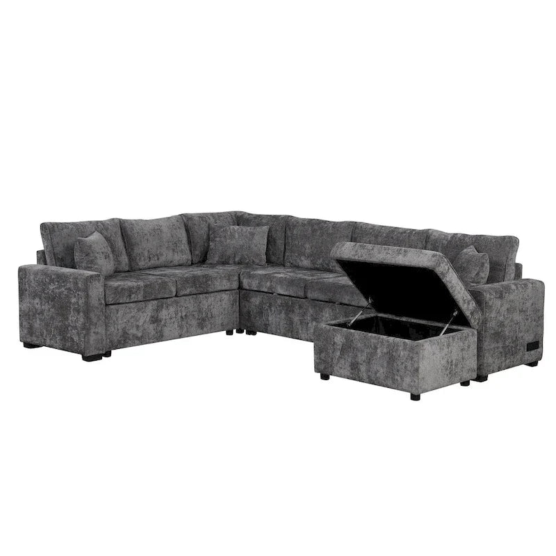 Divano componibile in ciniglia trasformabile in divano letto estraibile, divano letto ad angolo a L con pouf contenitore, 3 cuscini e dispositivi di ricarica