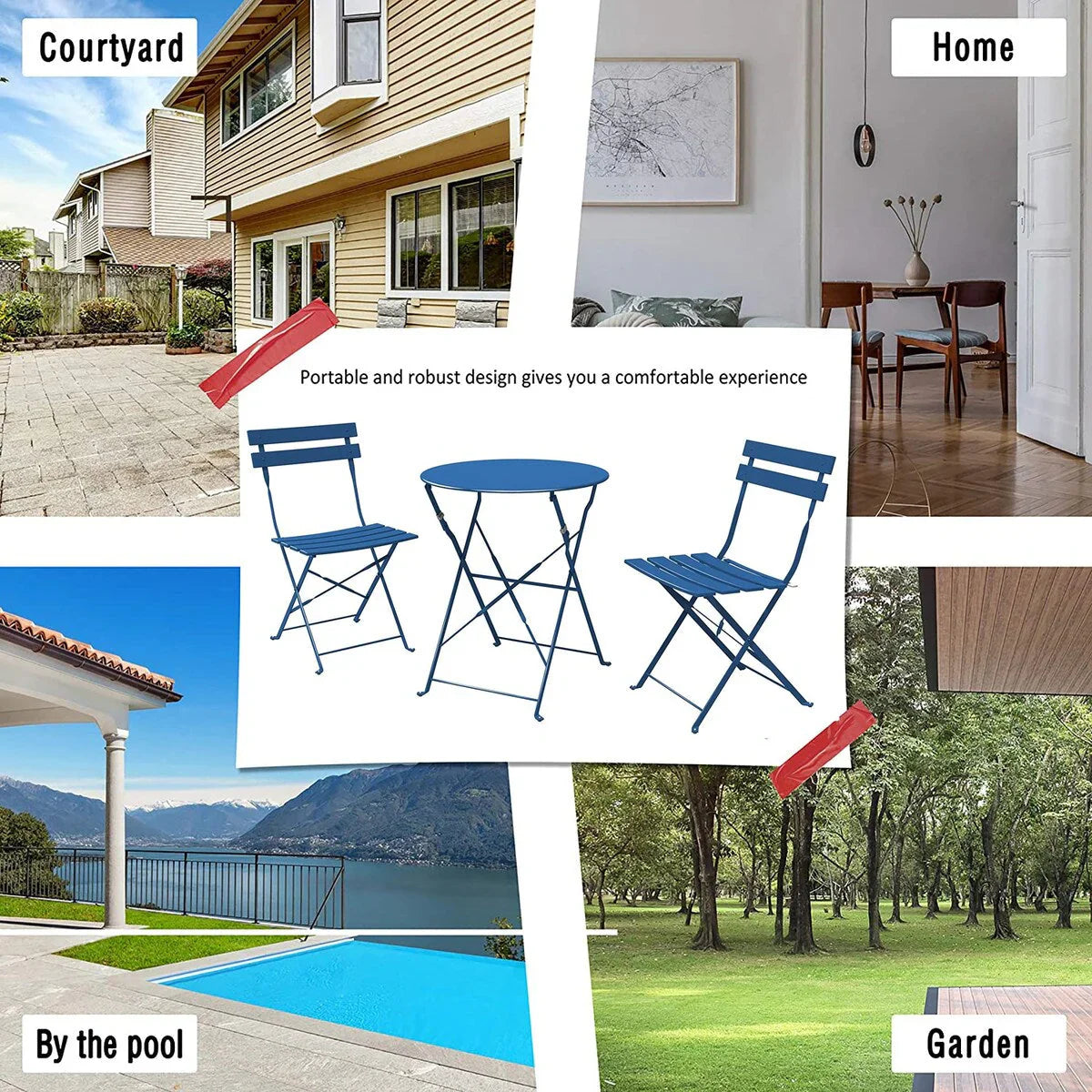 3-teiliges klappbares Bistro-Set aus Metall, wetterbeständiges Outdoor-/Indoor-Sitzset für Terrasse, Hof und Garten