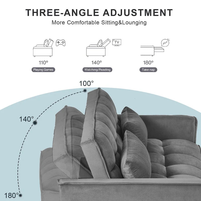 Moderne fluwelen tweezitsfuton met verstelbare rugleuning en zakken, geschikt voor 2 personen ??Donkergrijs / lichtgrijs / blauw / zwart
