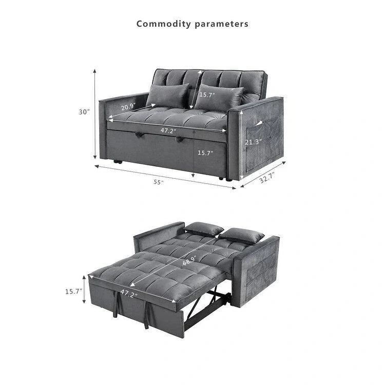 Moderne fluwelen tweezitsfuton met verstelbare rugleuning en zakken, geschikt voor 2 personen ??Donkergrijs / lichtgrijs / blauw / zwart
