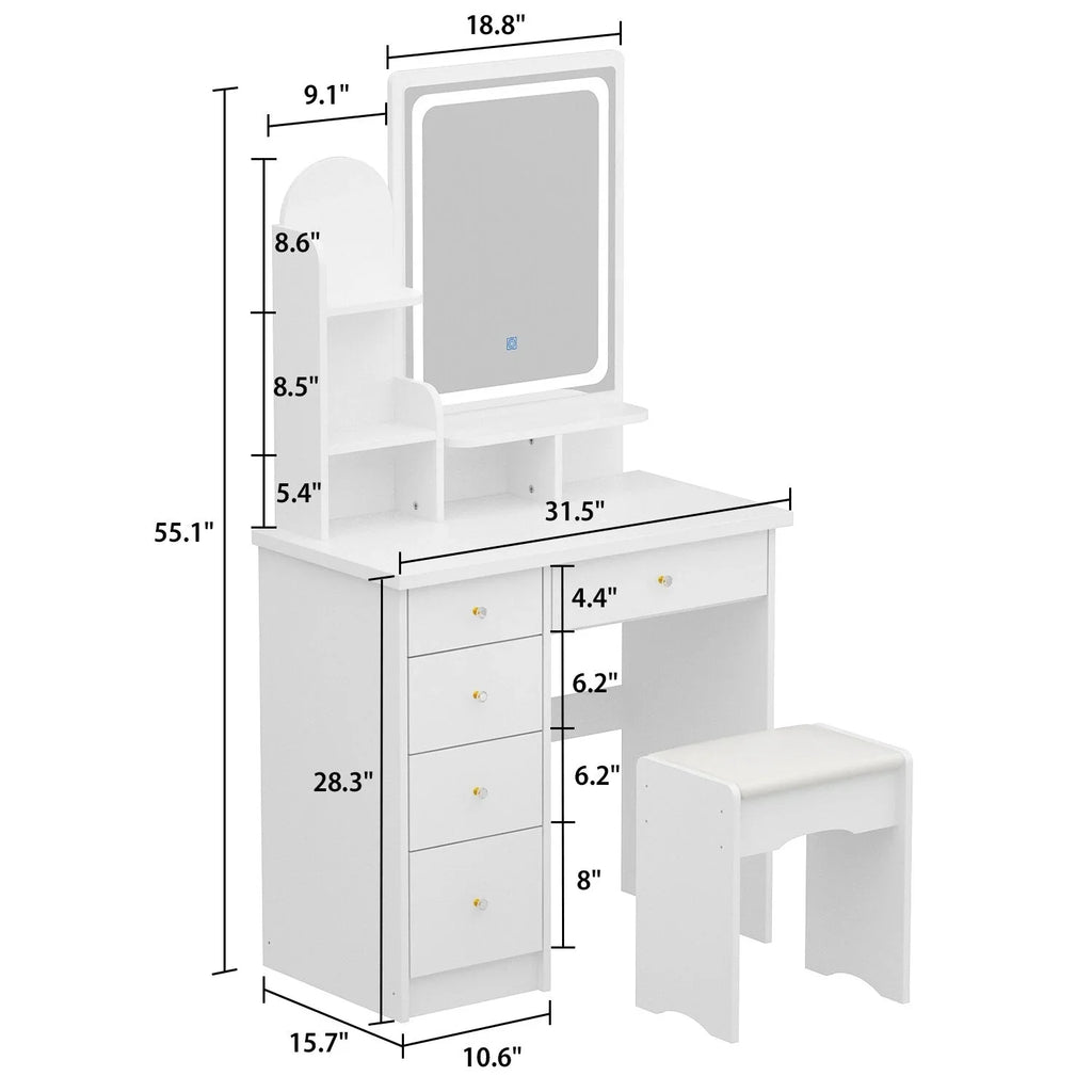 Make-uptafelset met ledverlichting, spiegel en kruk