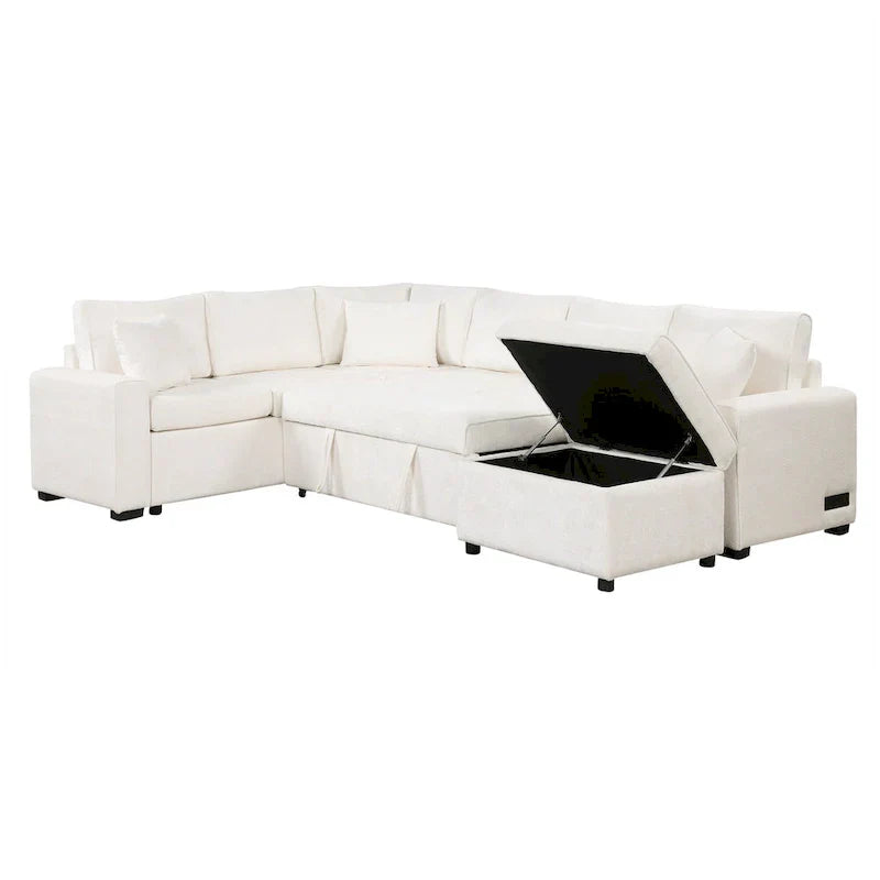Divano componibile in ciniglia trasformabile in divano letto estraibile, divano letto ad angolo a L con pouf contenitore, 3 cuscini e dispositivi di ricarica