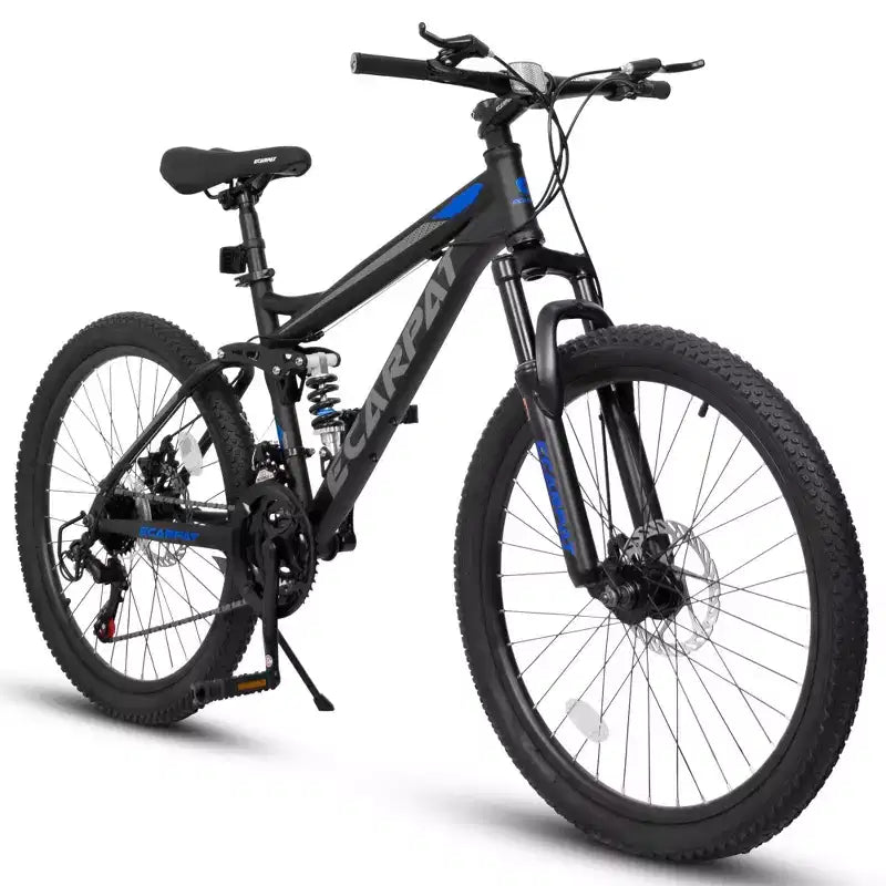 Okak 26 inch mountainbike met schijfremmen, 21 versnellingen, fiets voor volwassenen met duurzaam frame en dubbele vering achter, fiets voor stadsritten