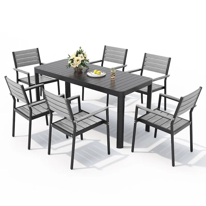 Set da pranzo da esterno in alluminio per patio, da 5/7 pezzi, con sedie impilabili e tavolo allungabile