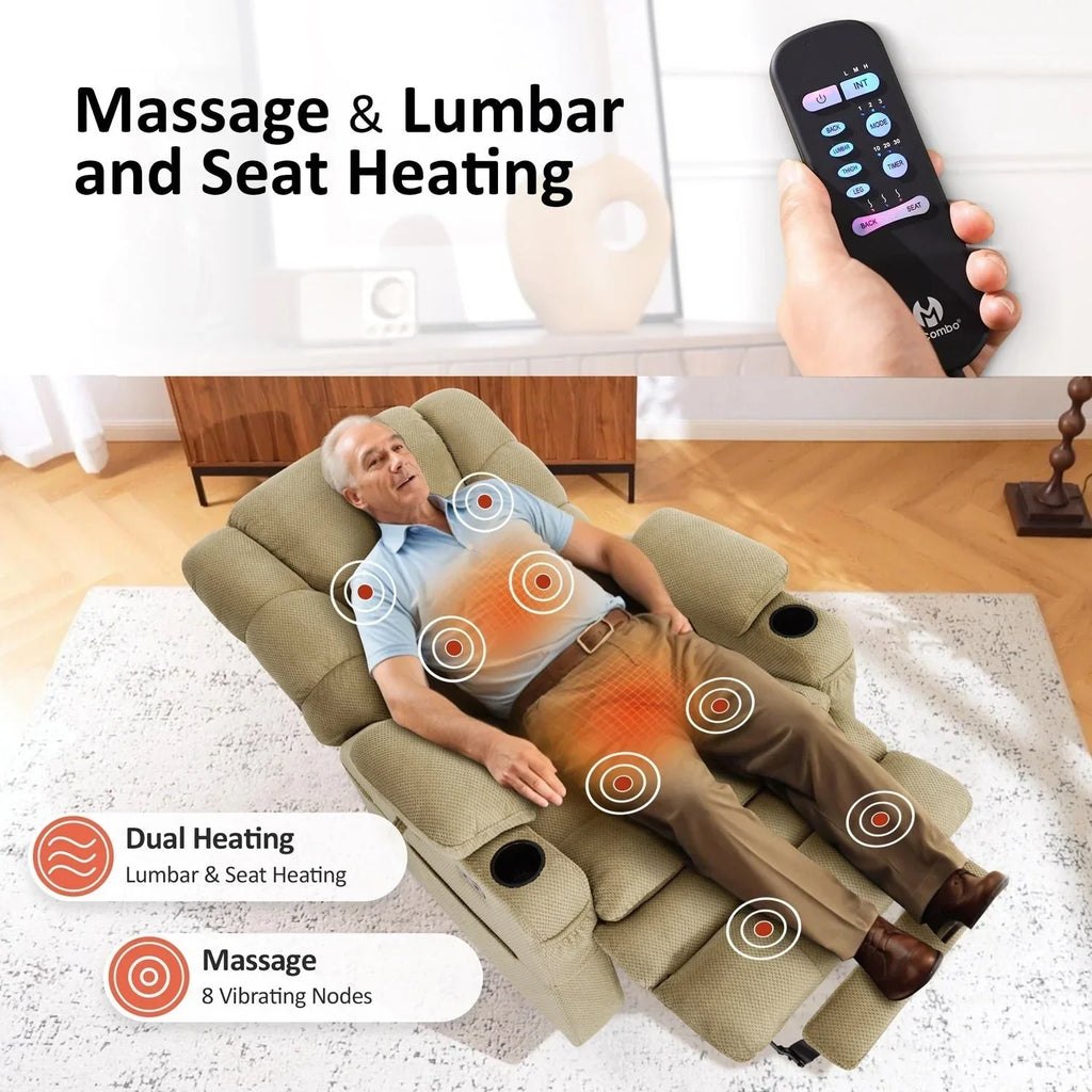 MCombo breiter Dual-Motor-Aufstehsessel mit Massage- und zweifacher Heizfunktion für große und kräftige Senioren, Stoff R7635