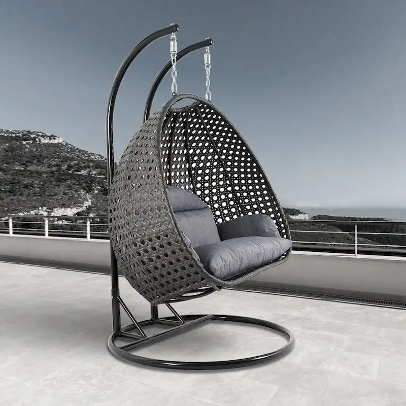 Sedia sospesa a dondolo a forma di uovo con supporto in metallo, struttura in vimini e cuscino ¨C Beige / Blu antracite / Bianco / Blu / Bianco anticato / Marrone / Tela, posti 2