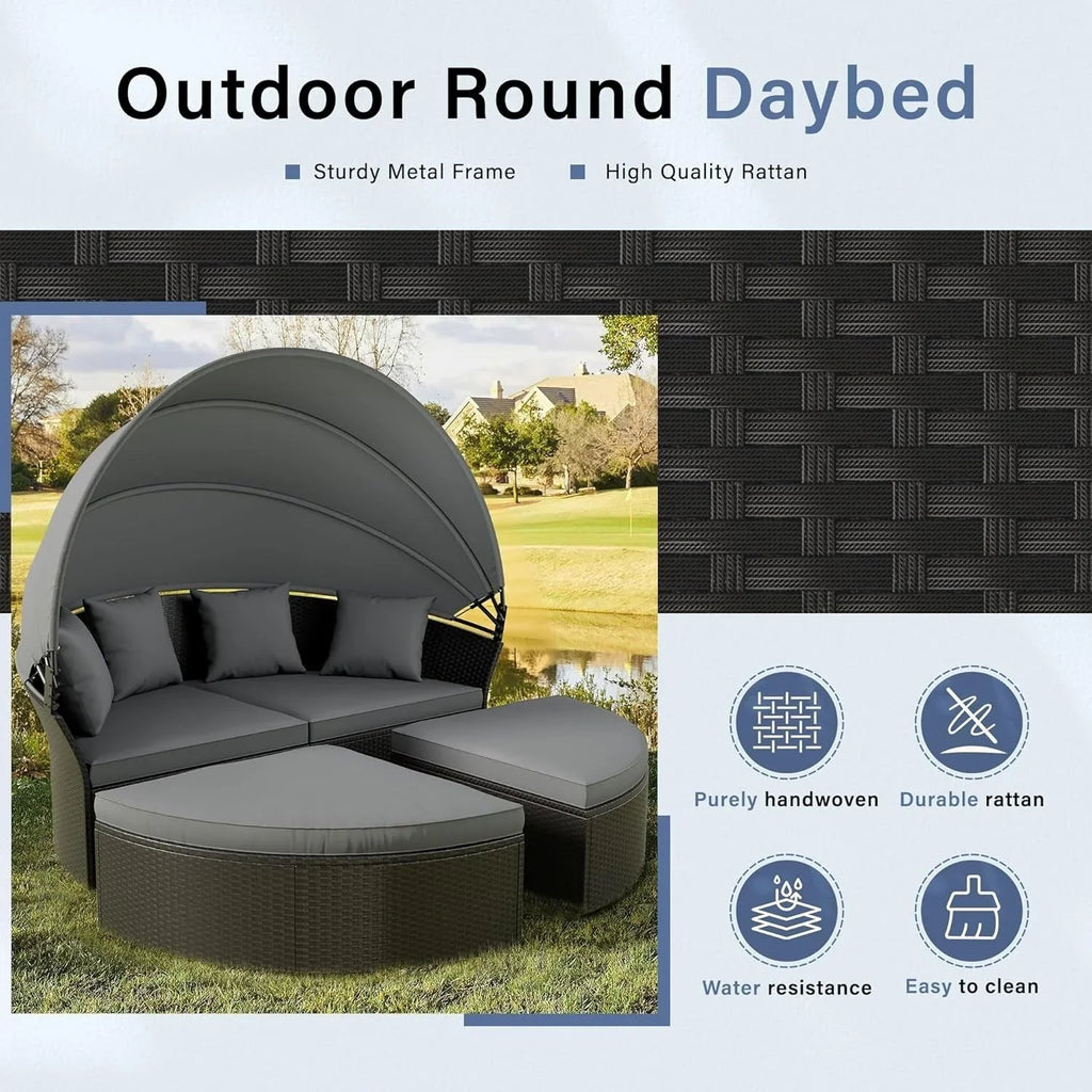 Nuon 4-/5-teiliges Outdoor-Lounge-Set für die Terrasse, Rattan-Tagesbett-Set mit Baldachin von Havenside Home
