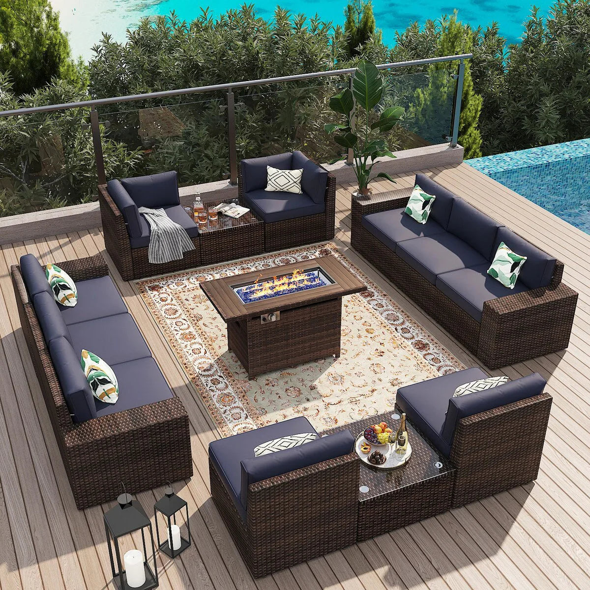 Set di mobili da patio da 13 pezzi con tavolo per braciere 44Fire