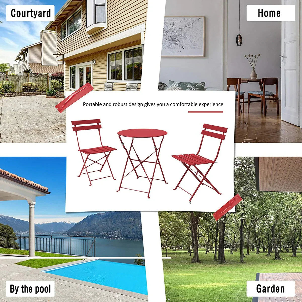 3-teiliges klappbares Bistro-Set aus Metall, wetterbeständiges Outdoor-/Indoor-Sitzset für Terrasse, Hof und Garten