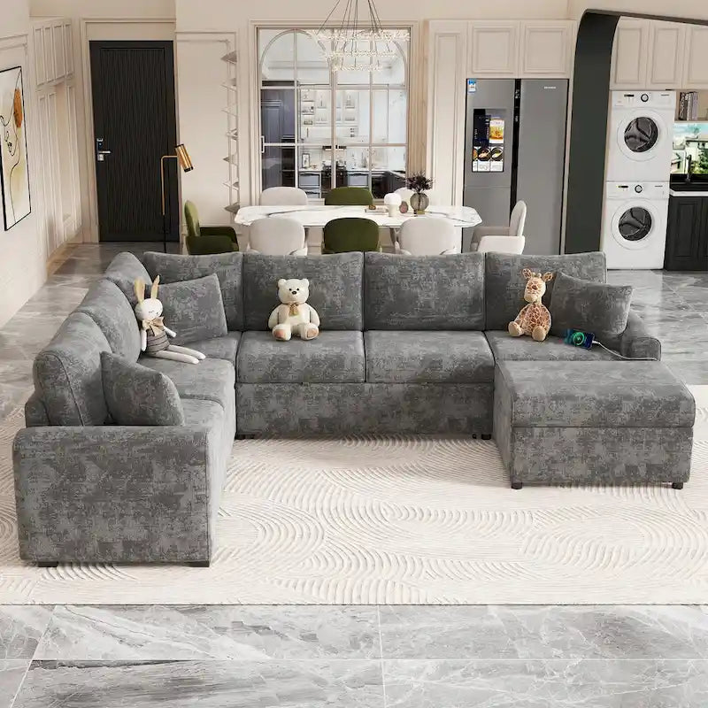 Divano componibile in ciniglia trasformabile in divano letto estraibile, divano letto ad angolo a L con pouf contenitore, 3 cuscini e dispositivi di ricarica