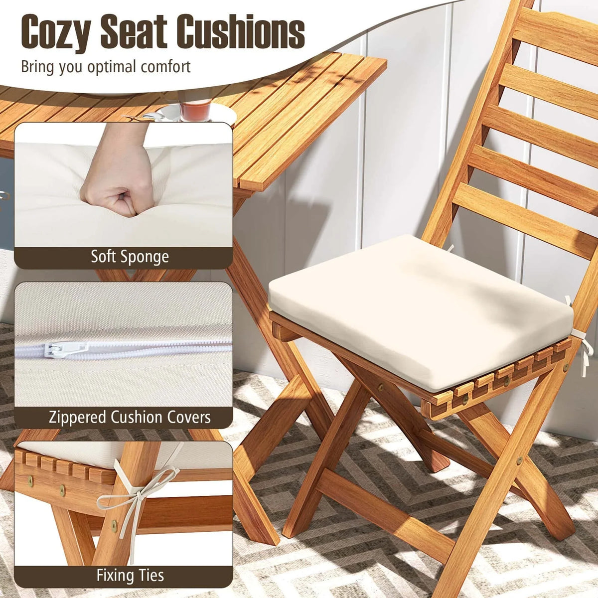 Patiojoy 3-teiliges faltbares Bistro-Set mit abnehmbaren Sitzpolstern - Details anzeigen