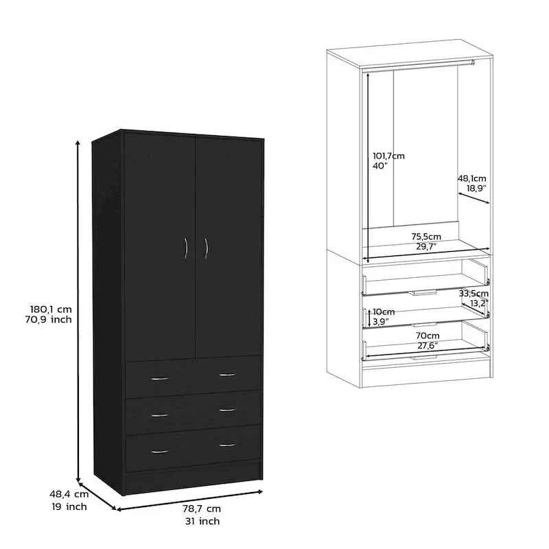 Armadio moderno a 2 ante con 3 cassetti e 1 asta appendiabiti per la camera da letto